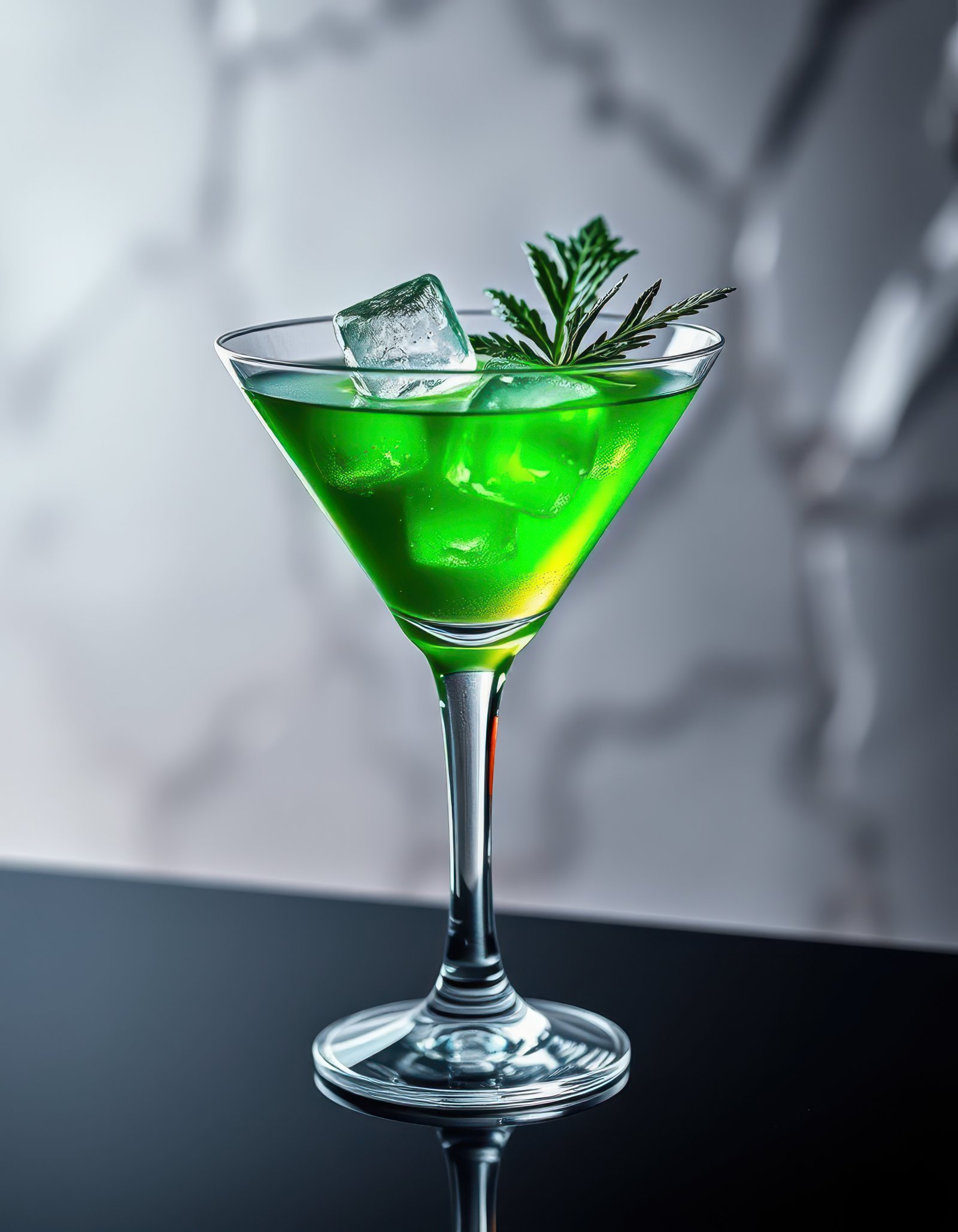 Vibrant green cocktail garnished with mint served in a stylish glass on a dark reflective surface
